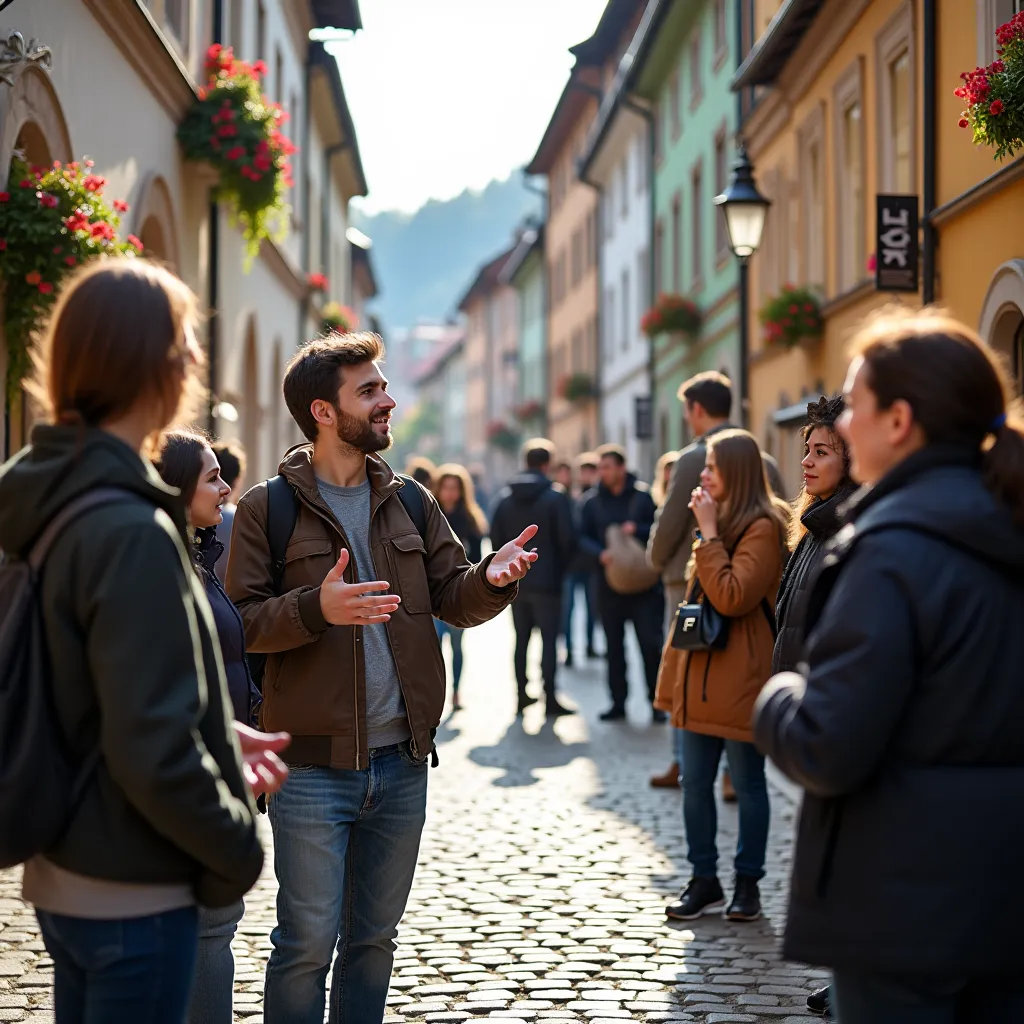 Tourist exploring Slovak city center with map and historic buildings